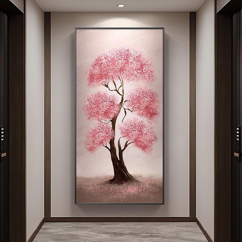 大芬村玄关挂画发财树走廊尽头装饰画粉色竖版楼梯间壁画奶油风