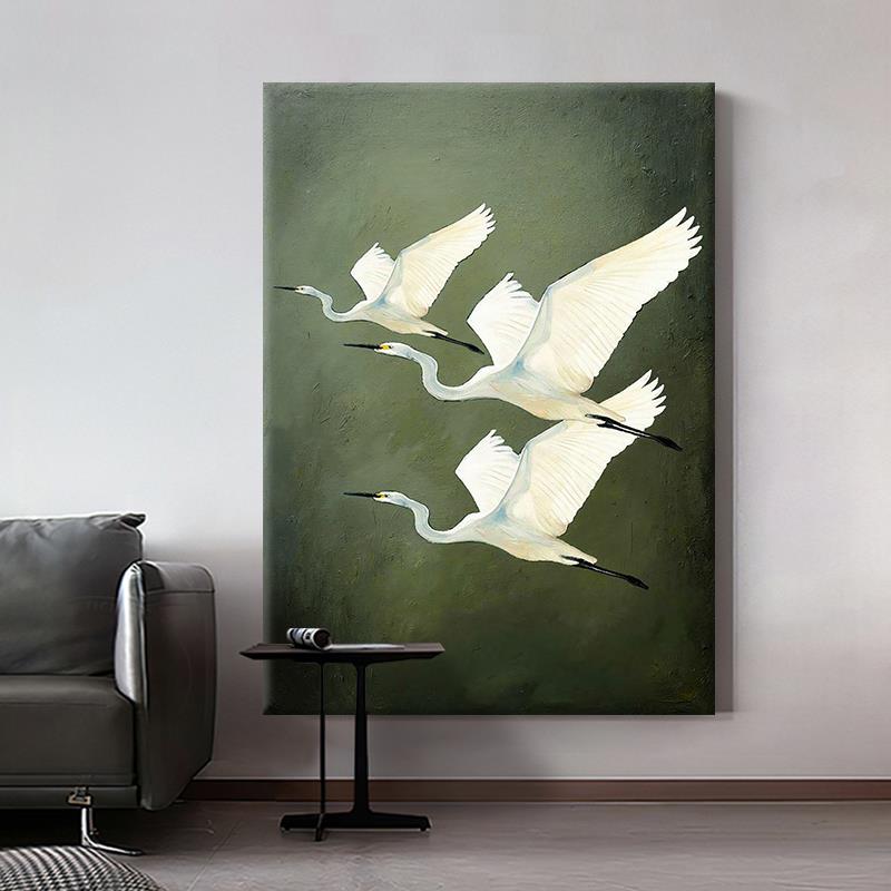 现代简约写实灵动风白鹭翔集手绘油画客厅装饰画餐厅动物玄关挂画
