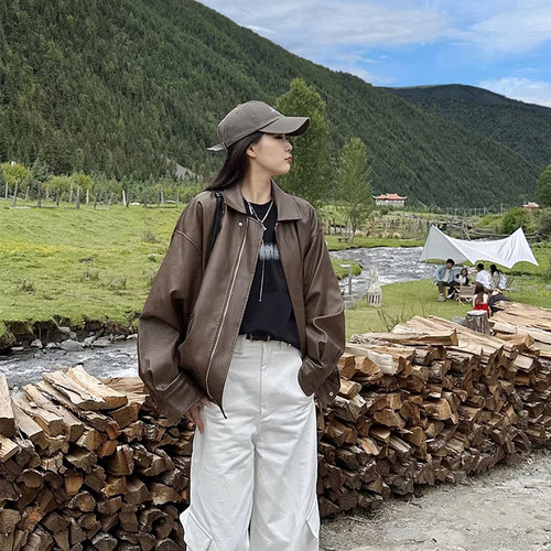 美式复古休闲棕色皮衣外套女