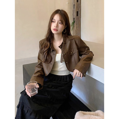 咖色短款皮衣外套女立领皮夹克