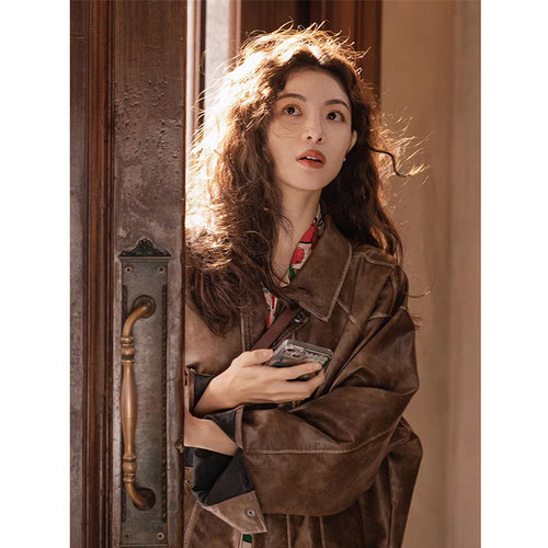 钟楚曦同款棕色皮衣外套女