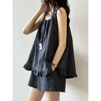 条纹无袖背心阔腿短裤套装两件套