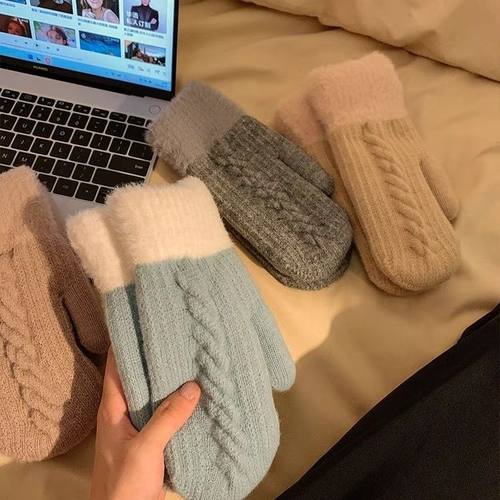 防寒全包指手套女韩版保暖加绒加厚户外骑行开车毛线针织学生手套