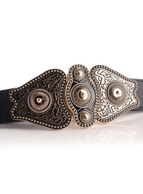 秋冬欧美复古图腾女士百搭配连衣裙外套束腰腰封松紧黑色时尚腰带