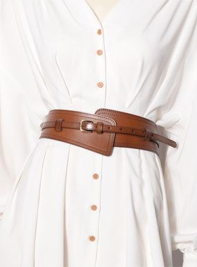 简洁百搭复古女士配衬衫连衣裙外套束腰腰带二层牛皮皮带腰封时尚