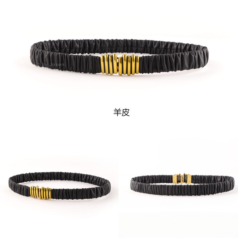 女士百搭真皮毛毛虫对扣弹性腰带