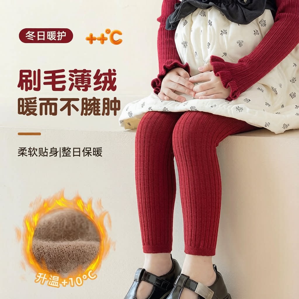 薄绒竖条女童打底裤秋冬保暖