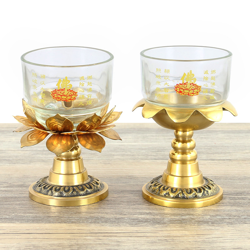 莲花叶杯油灯全铜酥油粒4小时油灯玻璃杯铜座长明灯家居中式摆件