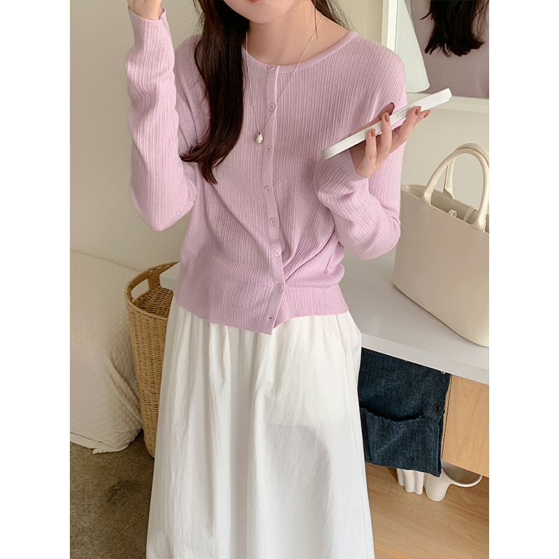 桑蚕丝开衫圆领单排扣淡粉针织衫