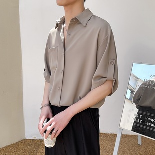 薄款 轻熟风痞帅男装 夏季 冰丝衬衫 宽松垂坠感设计感小众衬衣 男短袖