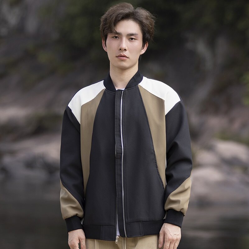 青少年日系休闲外套男春秋拼接棒球服美式百搭宽松肌理感拼色夹克
