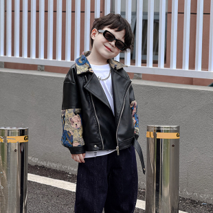 儿童酷帅PU男童皮夹克 新款 男孩新中式 国潮刺绣皮衣外套2025春秋季