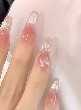 蝴蝶猫眼穿戴甲中长款美甲2026新款高级感温柔显白款指甲贴片粉色
