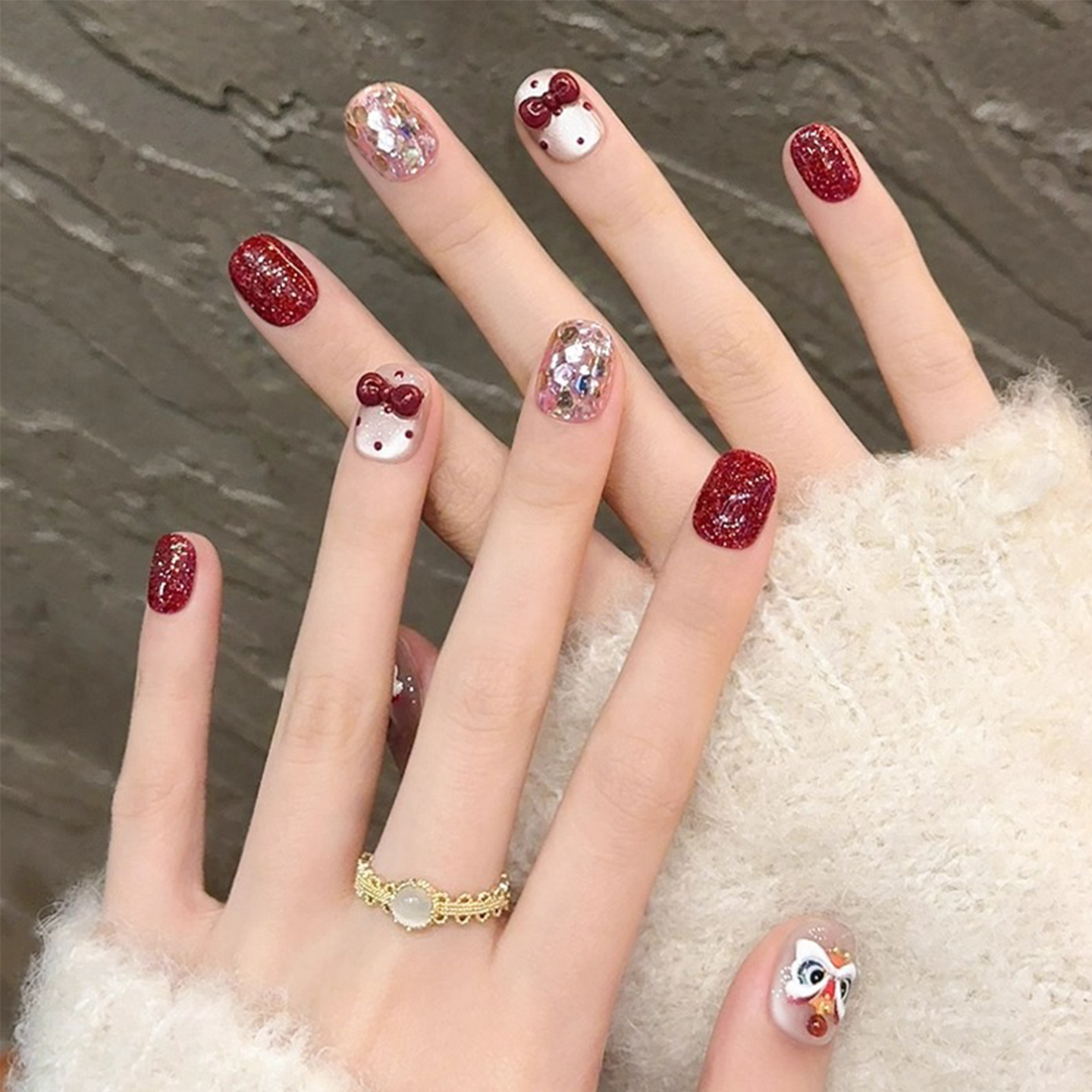 新年醒狮红色穿戴甲2026新款手工短款猫眼蝴蝶结过年美甲指甲贴片,彩妆/香水/美妆工具,穿戴甲/甲片,淘宝优惠券,粉丝福利购,淘宝优惠卷