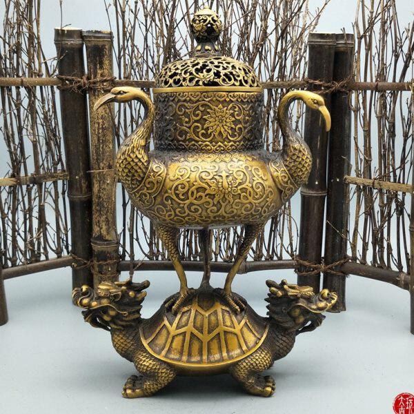 黄铜仿古摆件古玩收藏 龙龟鹤香炉居家装饰龟鹤延年贺寿送礼