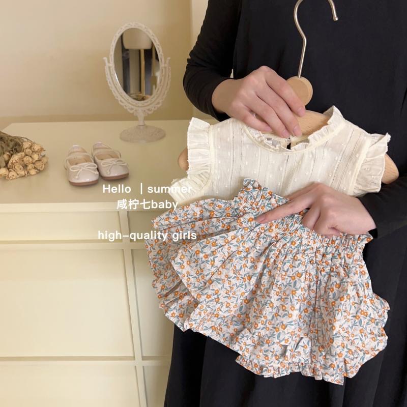 韩版女童套装夏季洋气甜美碎花花苞裤时髦网红小飞袖上衣两件套潮