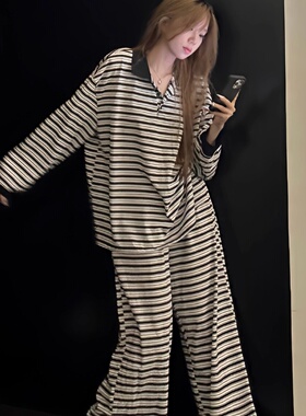 甜美韩系高级感条纹长袖睡衣女春秋款翻领家居服长裤大码休闲套装