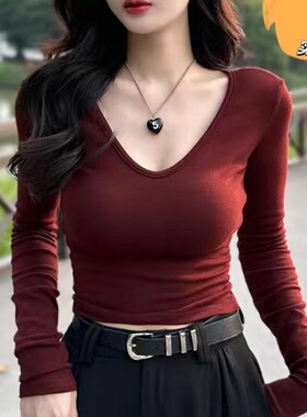 安可拉红长袖t恤女莫代尔内搭春秋新款修身体恤百搭V领打底衫
