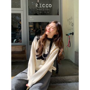 你好卡农 小狗提花刺绣套头毛衣女秋季韩系小众宽松套头针织上衣