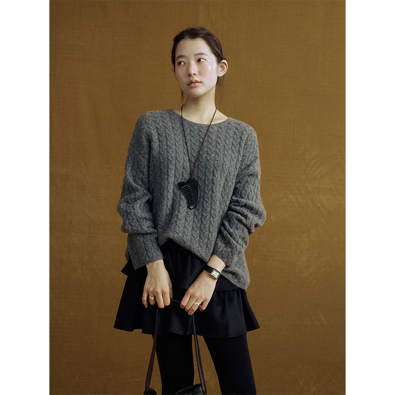 时简 百搭慵懒感 筋骨软糯羊驼毛羊毛毛衣冬季圆领保暖上衣02205