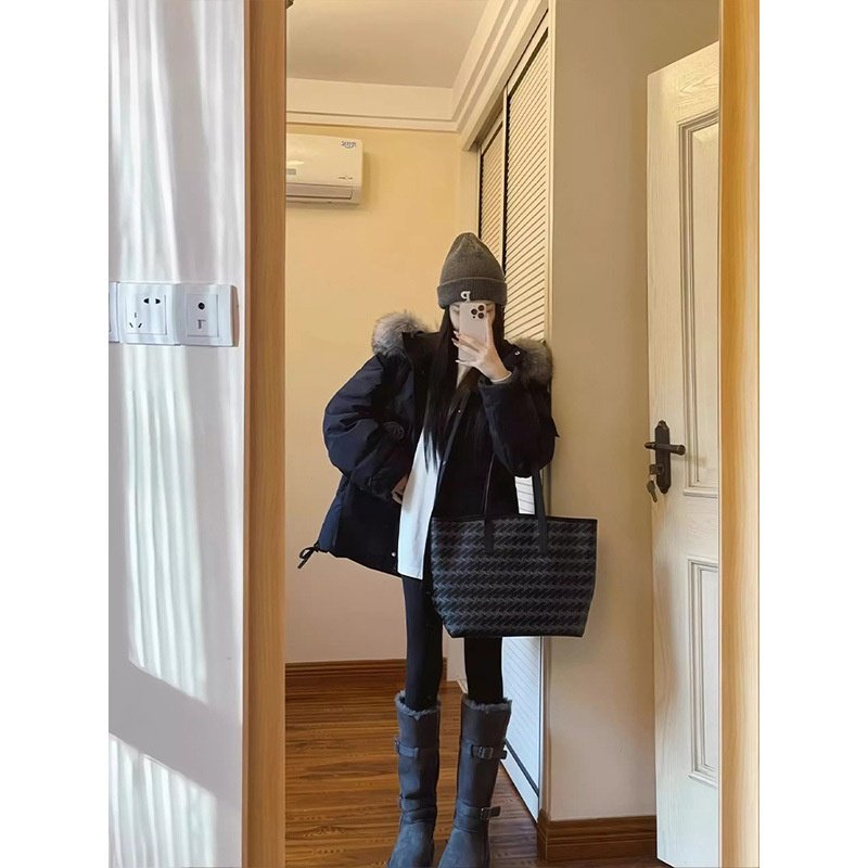 【现货】超大真毛领连帽工装派克羽绒服