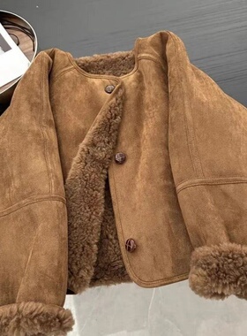 皮毛一体加厚羊羔毛麂皮绒棕色夹克外套女冬季小个子韩系穿搭