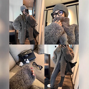中长款皮毛一体外套女2024年冬季宽松羊羔毛环保毛皮草上衣毛领