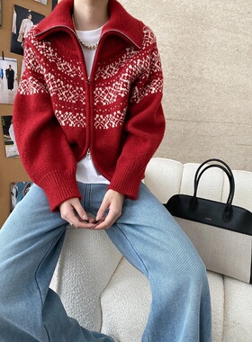 司南 节日氛围 复古费尔岛提花两穿领宽松双拉链针织衫毛衣SN6770