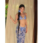 WHIMSY·蓝色青花瓷度假风印花性感温泉度假比基尼网纱三件套