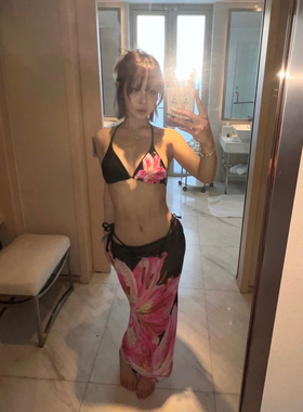 WHIMSY·粉色ins风印花甜酷度假黑色绑带性感网纱比基尼三件套