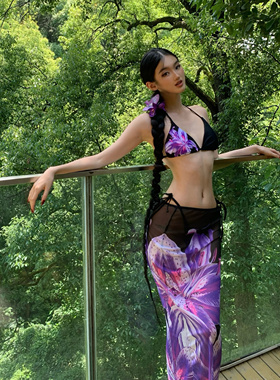 WHIMSY·紫色度假ins风性感印花比基尼绑带温泉度假比基尼三件套