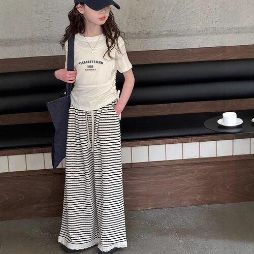 女童时尚短袖T薄款套装2026夏季新款儿童休闲洋气恤阔腿裤两件套