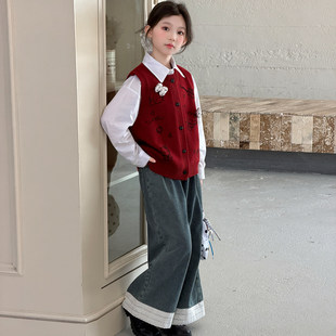 女童2026春季新款毛衣马甲三件套女孩春秋洋气针织背心牛仔裤套装