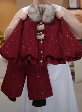 女童加绒加厚款红色毛呢套装新款冬装儿童过年服保暖翻领洋气外套