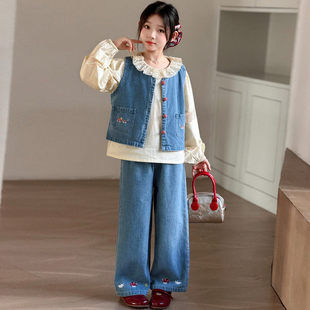 女童2026春秋季新款刺绣运动牛仔套装时尚洋气休闲春季女童三件套