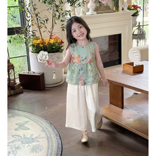 女童新中式薄款印花汉服2026新款夏季儿童国风汉服马甲阔腿裤套装