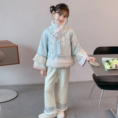 女童汉服冬装2025新款儿童送礼洋气汉服国风加绒加厚年服两件套装