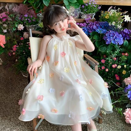 女童夏款裙子新款花卉童装女孩夏季网纱背心裙生日礼服送礼连衣裙