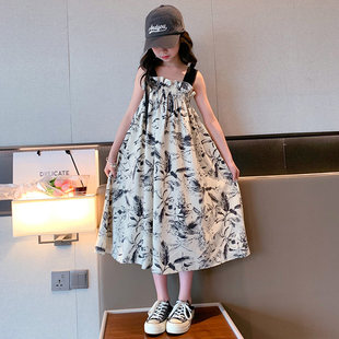 女童2026新款夏装连衣裙女大童古风水墨画复古吊带裙子儿童公主裙