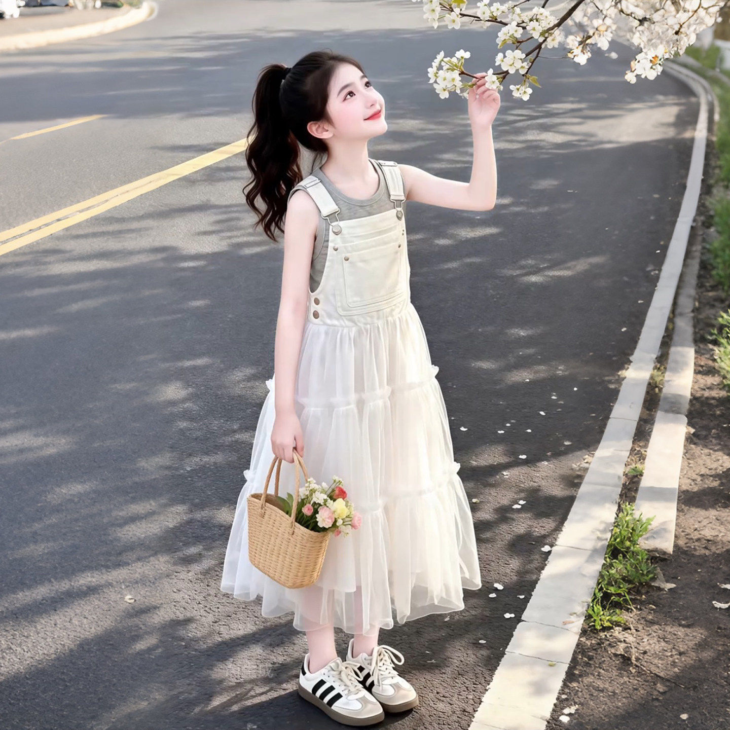 女童背心连衣裙套装2026夏季新款背带裙夏装女孩绝美公主裙二件套图片