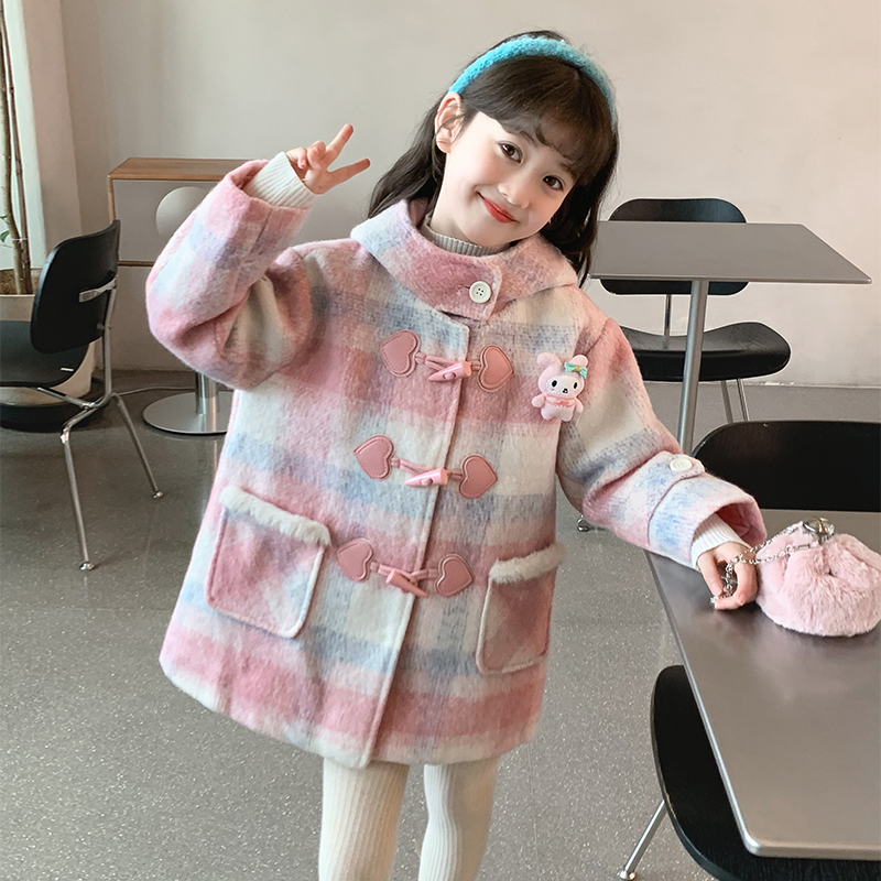 女童秋冬外套2025新款粉色呢子中长款加绒加厚风衣小女孩毛呢大衣