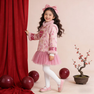女童拜年服裙子2026新款女孩冬季汉服加厚儿童大童洋气连衣裙年服