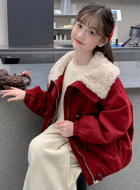 女童冬装外套2025新款洋气儿童加绒加厚派克服送礼拜年服红色上衣