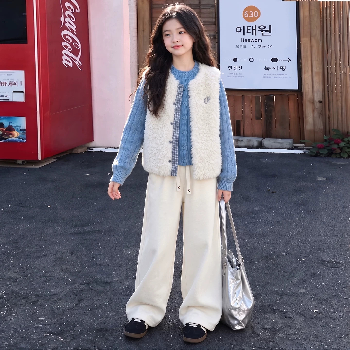 女童羊羔绒马甲套装2026冬季新款洋气儿童时髦女孩冬季衣服三件套