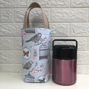 日式手提袋保温饭盒袋午餐包便当包帆布带饭学生圆桶保温桶圆形