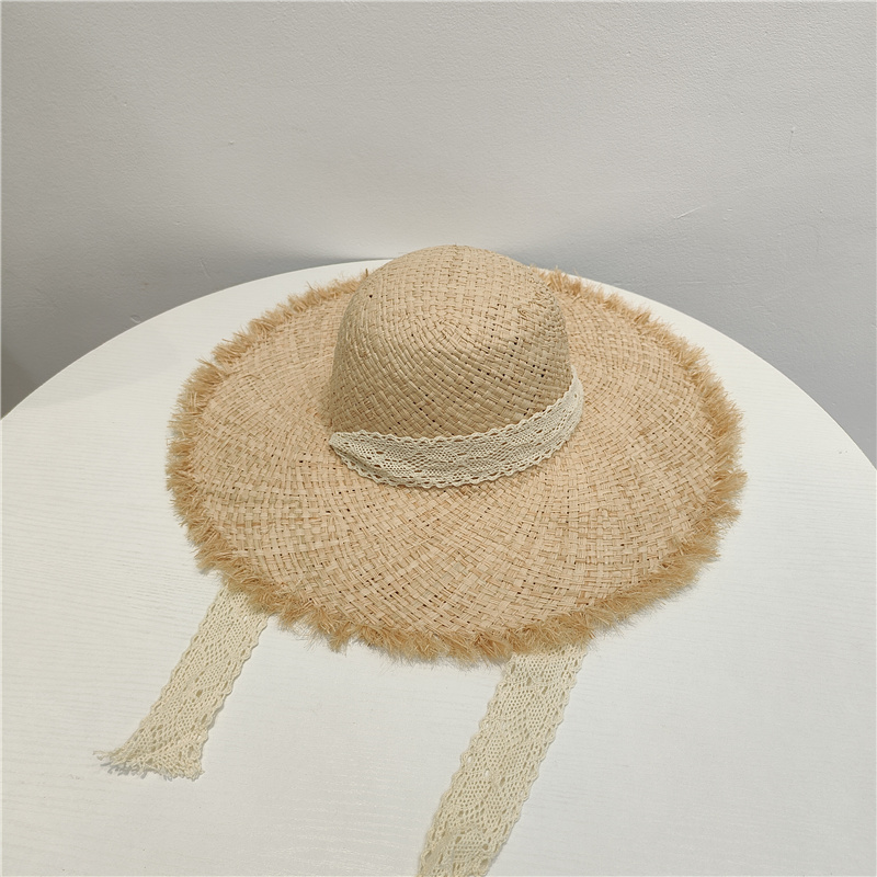 夏季出游时尚百搭遮阳帽蕾丝绑带圆顶毛边拉菲草帽女海边度假帽子