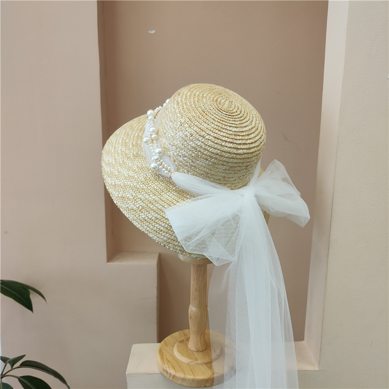 赫本风珍珠网纱麦秆草帽春夏百搭婚纱长纱蕾丝盆帽蝴蝶结草编帽子