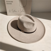 秋冬大檐毛呢爵士帽子女法式 皮带米色巴拿马礼帽平檐复古骑士帽男