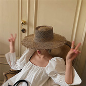 新款 手工草编镂空海草草帽凹顶毛边大檐遮阳帽优雅时尚 沙滩帽女夏
