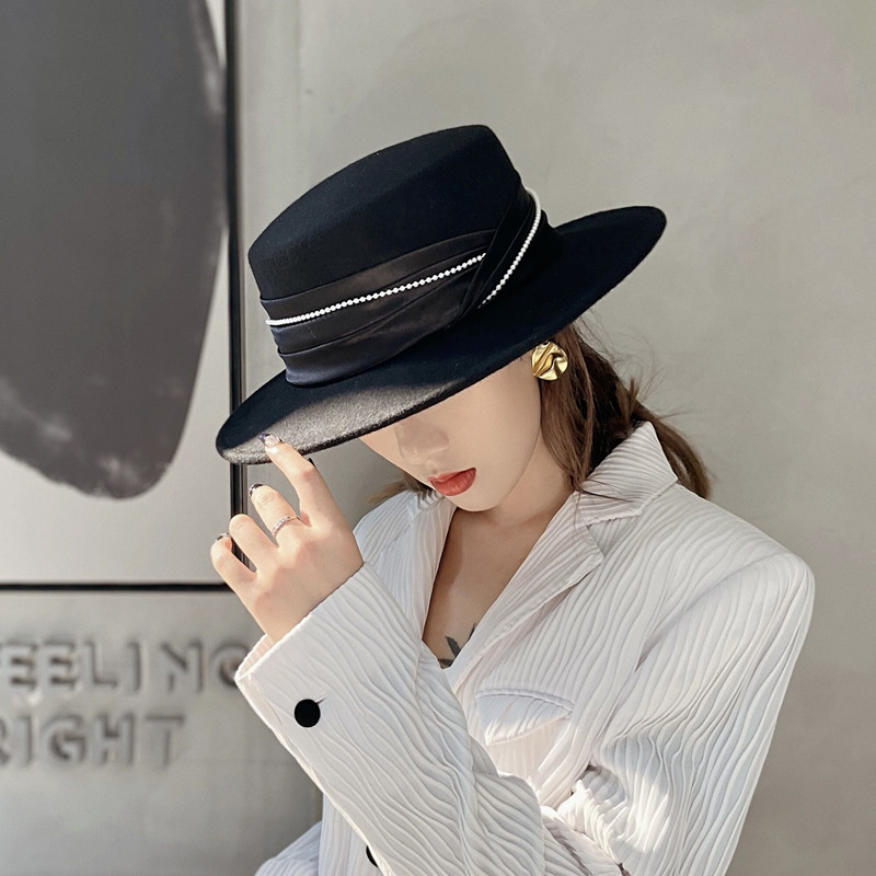 羊毛平顶礼帽女秋冬英伦复古百搭贴布毛呢帽子网红街拍优雅平檐帽